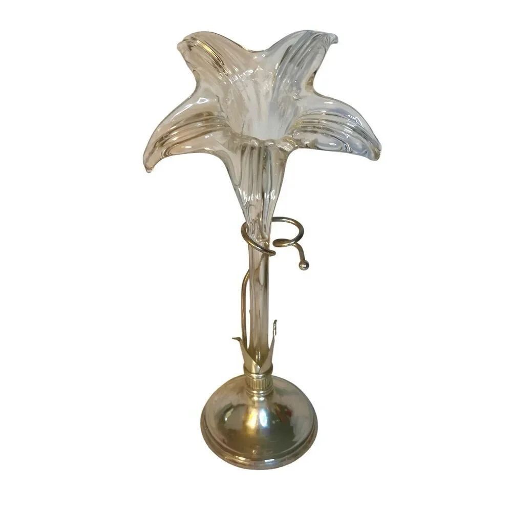 Vintage Mid Century Blown Glass Lily Vase Art In Silver Tone Base
